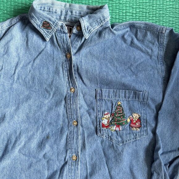 Vintage 90s Quizz Denim Button Up Shirt Sz L Christmas Bears Embroidery Winter - Picture 9 of 16